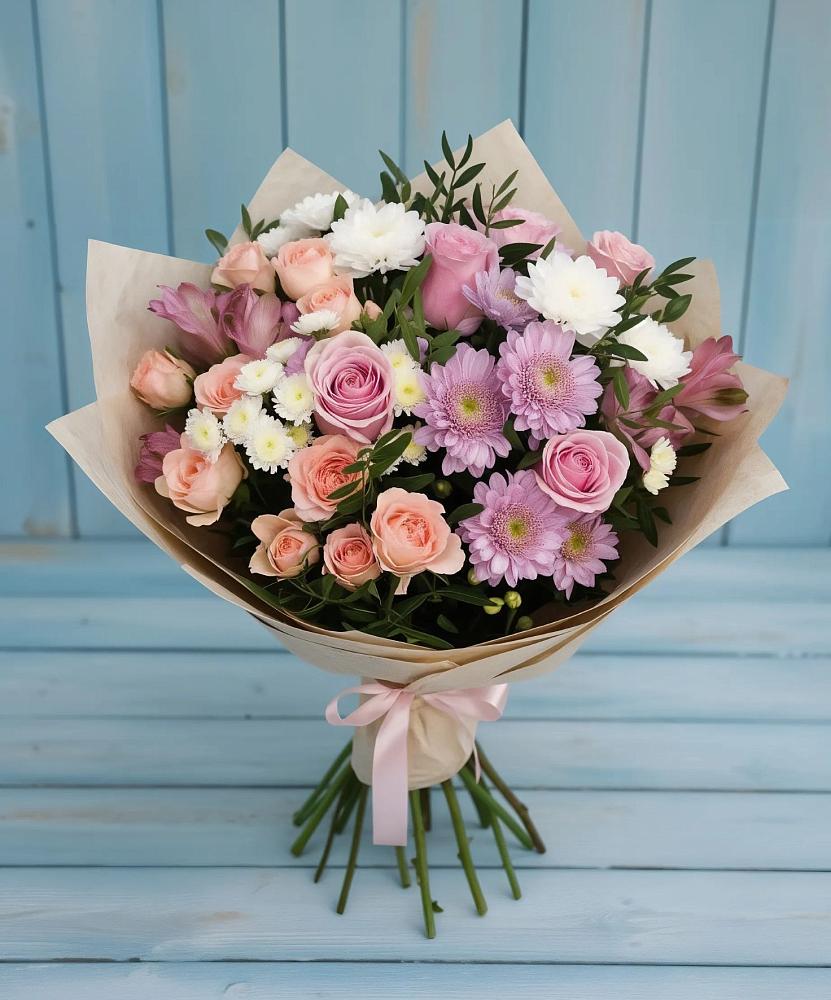 Букет цветов из: Хризантемы, Розы и Альстромерии в Покрово-Пригородном