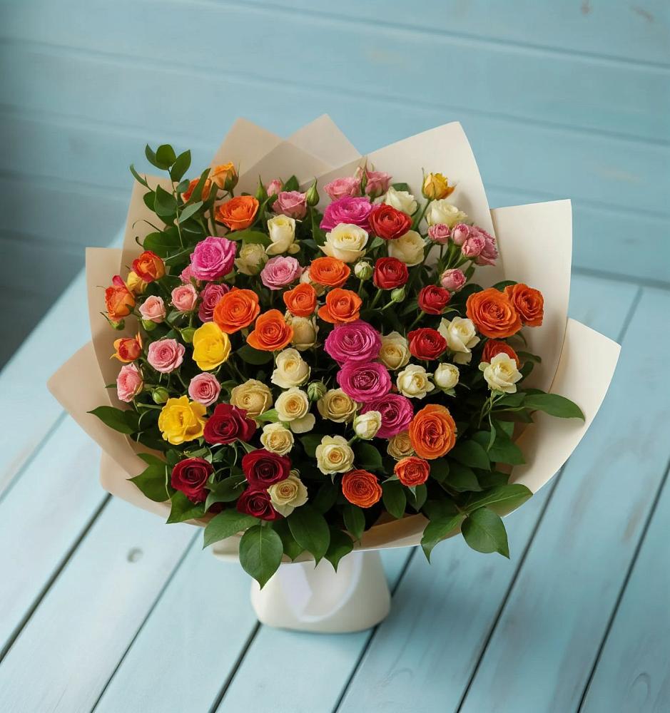 Букет Микс из разноцветных кустовых роз в Покрово-Пригородном