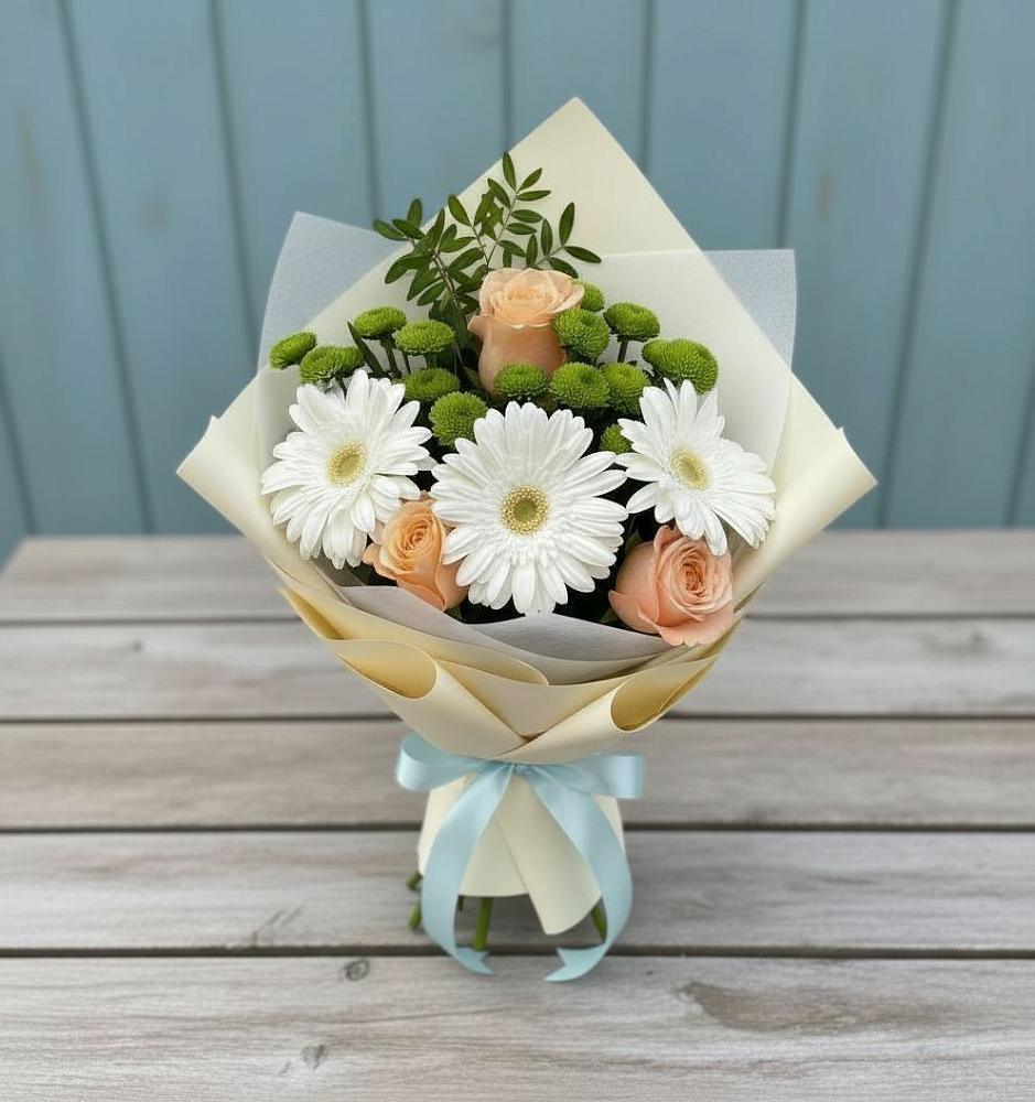 Букет цветов из: Герберы, Розы и Хризантемы в Покрово-Пригородном
