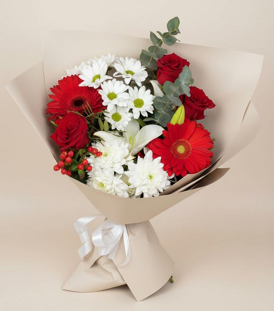 Букет цветов из: Розы, Хризантемы, Герберы и Лилии в Покрово-Пригородном